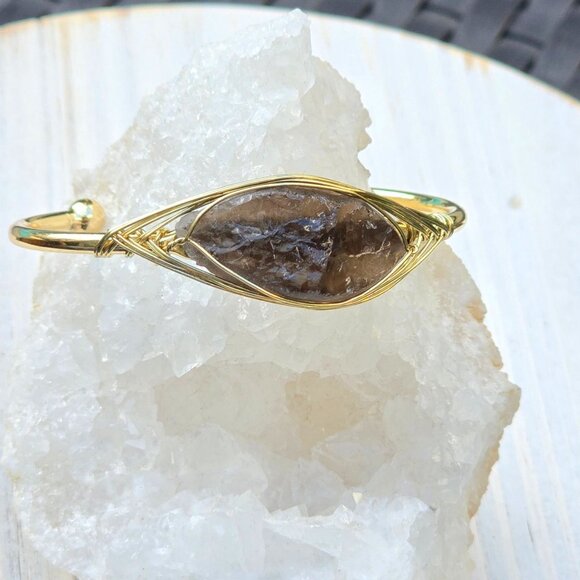 Smoky Quartz Leaf Wire Wrap Cuff – 14Kt Gold Over Copper – Grounding Talisman - Picture 3 of 12